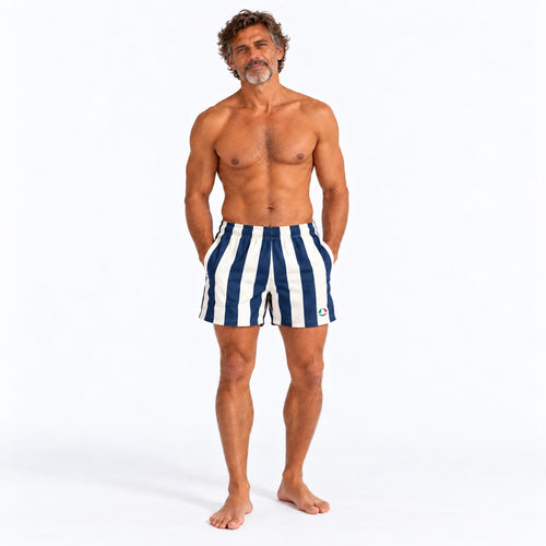 Ravello striped swim shorts on male model – full front view