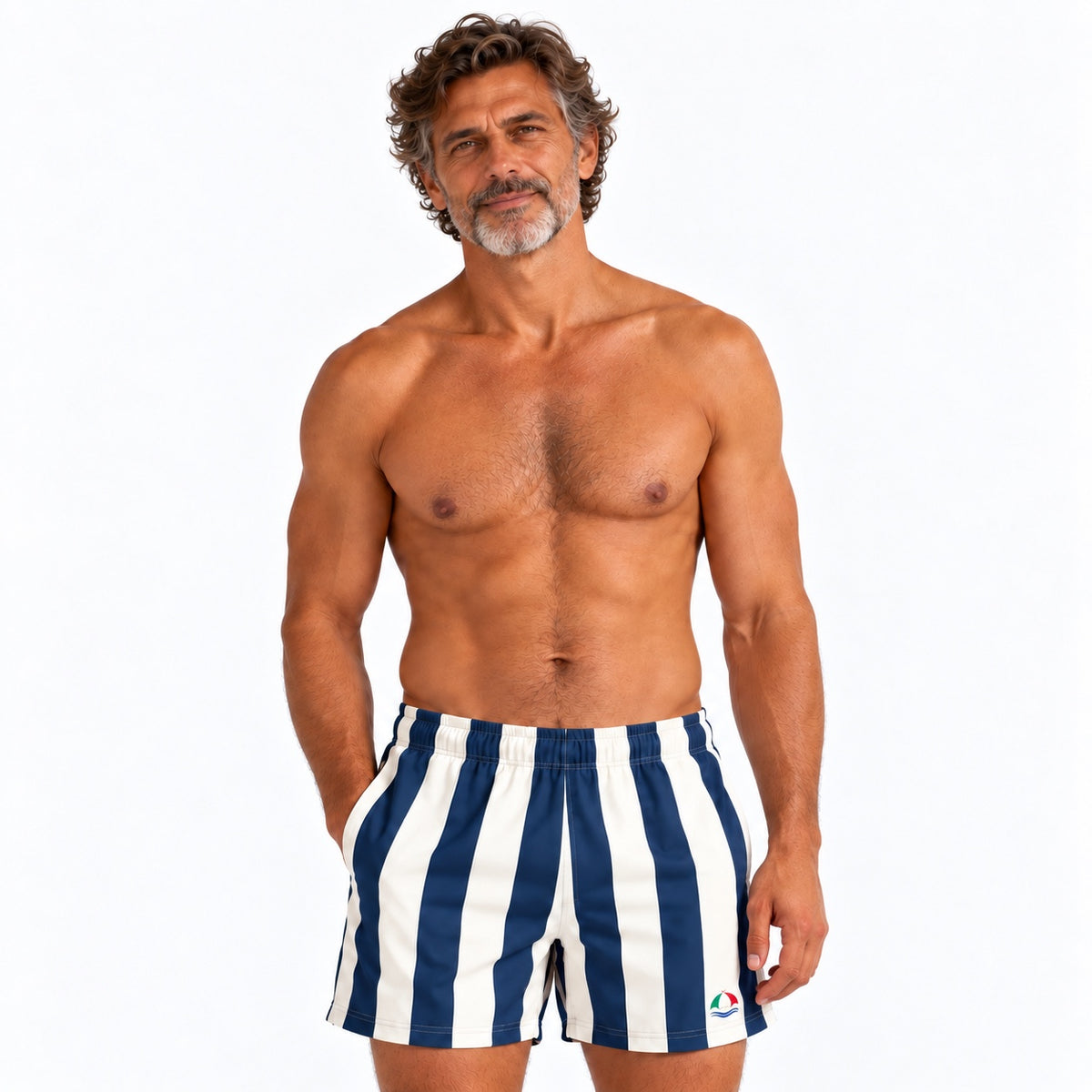 Ravello striped swim shorts on male model – front half-length view