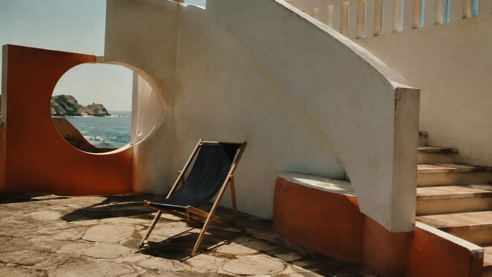 Classic folding chair beside modernist Italian architecture