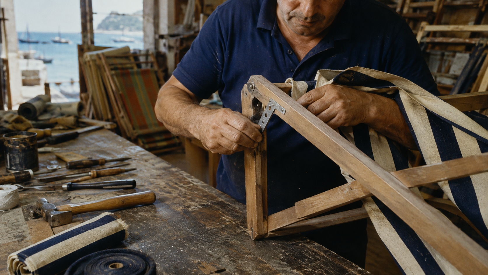 Italian artisan assembling a folding beach chair